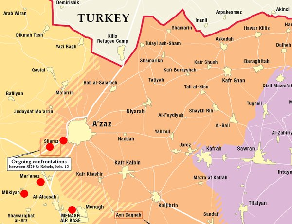 Mapka syrsko-tureckého pohraničí severně od Aleppa v oblasti městečka Azaz